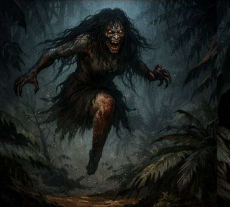 Feral screaming swamp hag with glowing red eyes lunges through a misty dark jungle