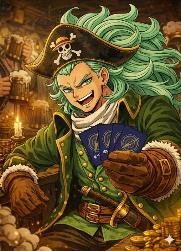 Grinning green-haired pirate wearing a Jolly Roger hat holds playing cards in a cozy candlelit ta...