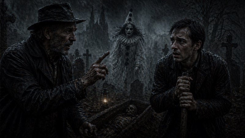 Two rain-soaked gravediggers stare in alarm as a ghostly clown looms behind an open grave in a fo...