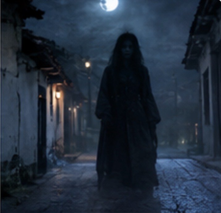 Shadowy ghostly figure stands in a misty old cobblestone village street under a full moon at night