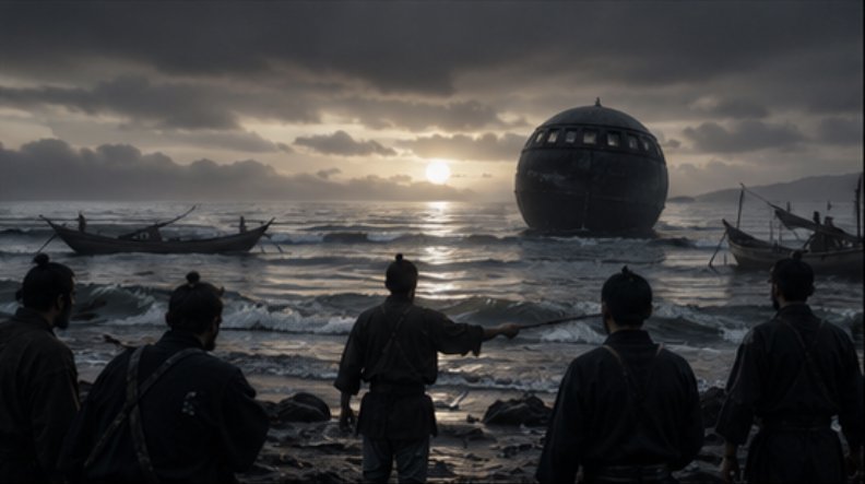 Feudal Japanese warriors on a beach watch a giant mysterious spherical craft floating in a choppy...