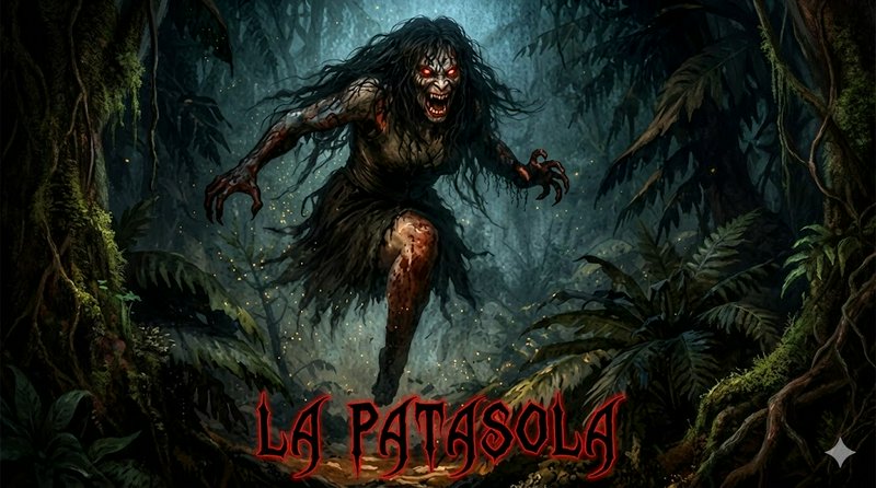Terrifying La Patasola mythical cryptid lunging out of a misty dark jungle