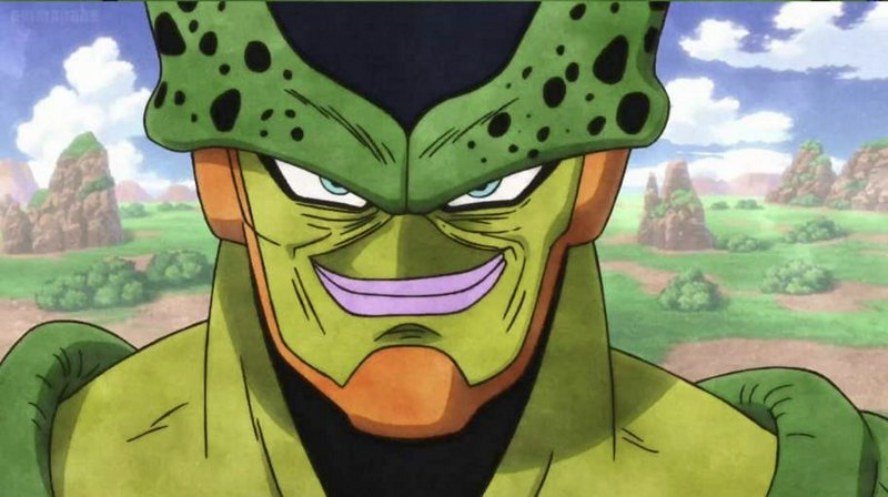 Close-up of grinning Perfect Cell standing against a rocky grassy savanna skyline