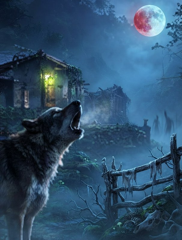 Gray wolf howling at a blood moon above a misty abandoned cottage on a haunted night