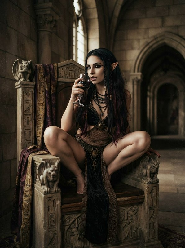 Dark fantasy elf woman sits on an ornate gargoyle-carved stone throne holding a glass of red wine