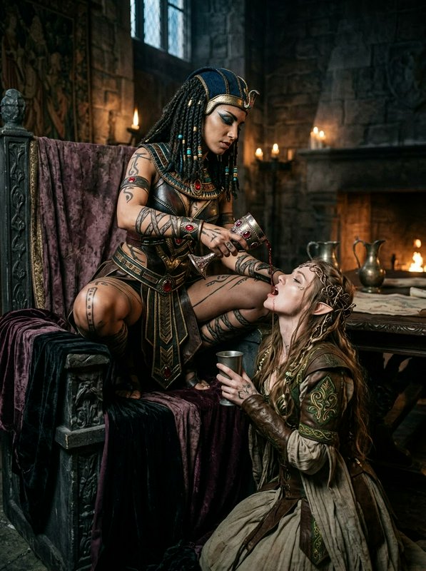 Fantasy Egyptian-style queen pours red wine from a goblet into a kneeling elf's mouth in a stone castle chamber