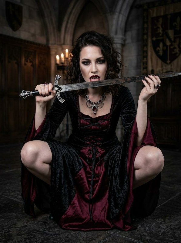 Crouching fanged vampire woman holds an ornate medieval sword across her face in a gothic castle hall