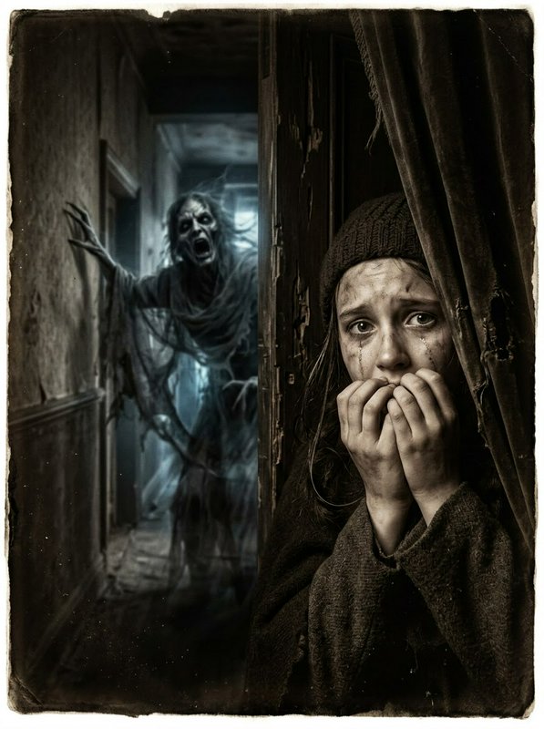Terrified crying girl hides behind a curtain as a gaunt ghost approaches down a dark haunted hallway