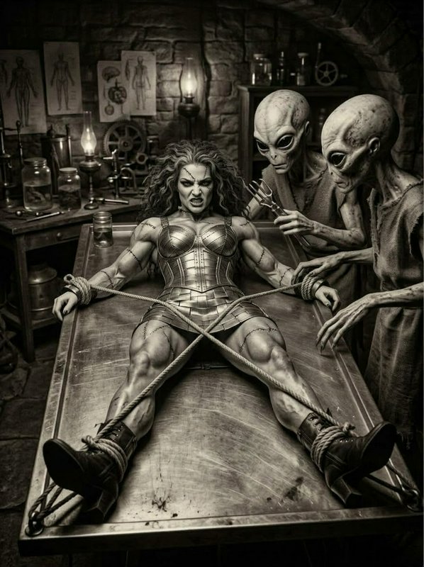 Furious armored warrior woman tied to a metal exam table while grey alien scientists observe in a stone lab