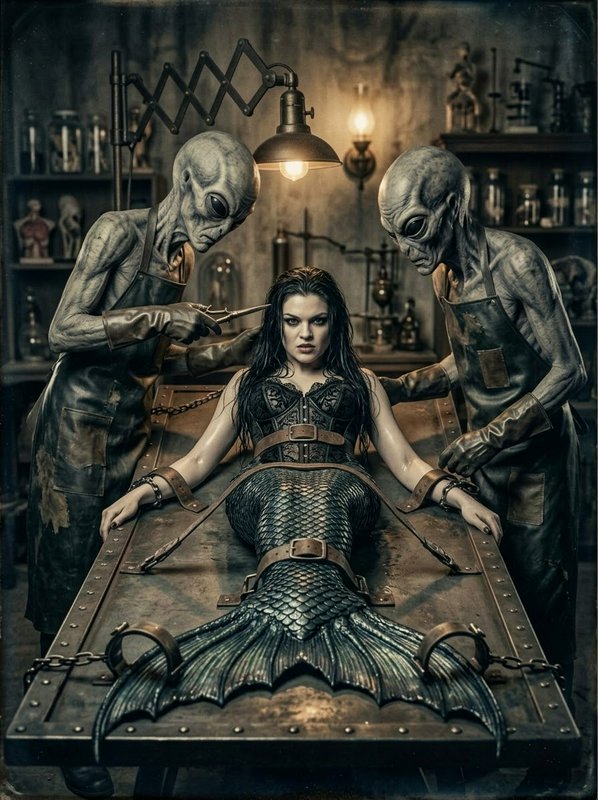Two tall grey alien scientists examine a bound scaled mermaid secured to a metal lab table
