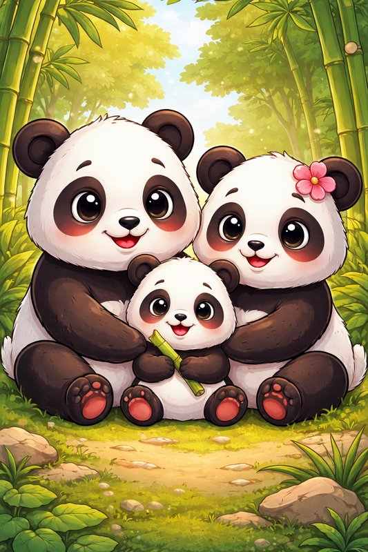 Cute cartoon panda family snuggled together sitting in a sunny bamboo forest, baby holding a bamb...