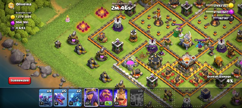 Active Clash of Clans raid view showing a fortified Town Hall 11 base during an ongoing attack