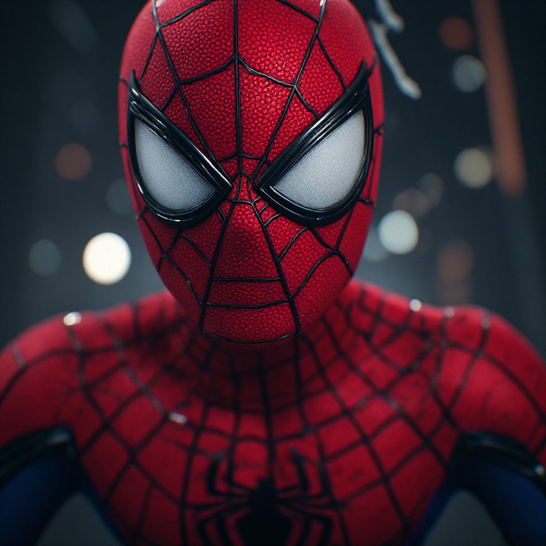 Close-up portrait of Spider-Man in a textured red web suit against blurry night city bokeh background
