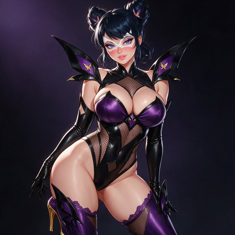 Masked anime heroine in purple and black armored costume poses against a dark purple gradient backdrop