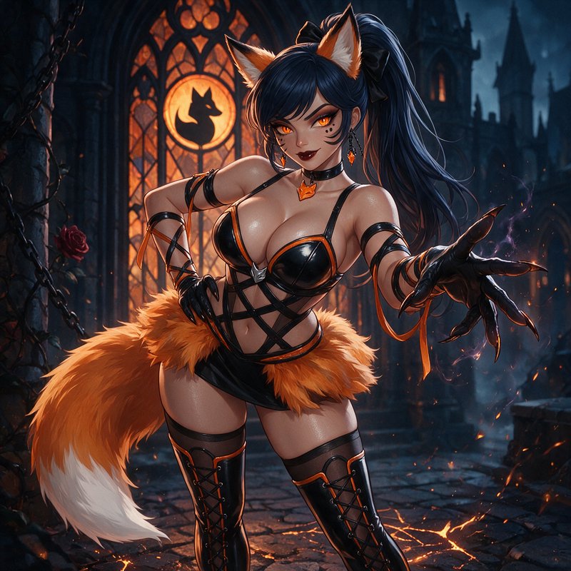 Sultry kitsune anime girl with fox ears and tail reaches toward the viewer in a gothic castle