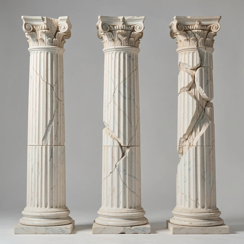 Three progressively cracked ornate marble Corinthian columns stand in a row against a plain gray studio backdrop