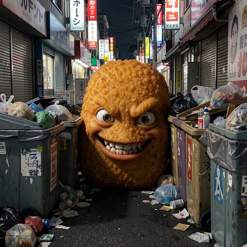 Menacing grinning fried croquette monster wedged between dumpsters in a littered Tokyo back alley...