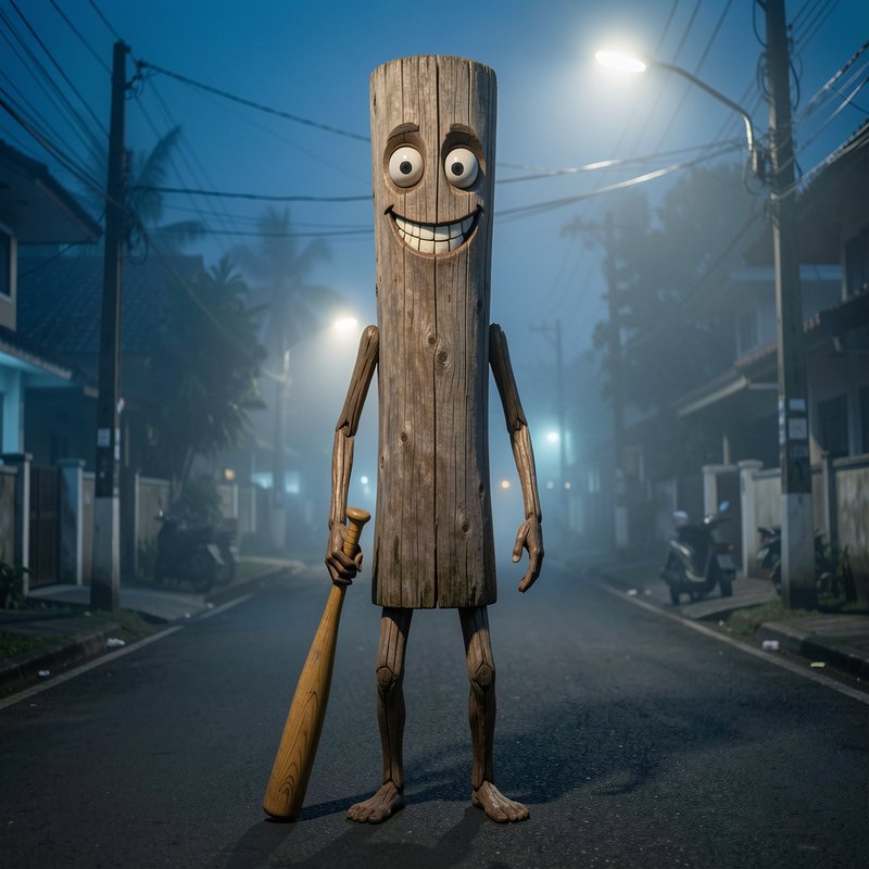 Grinning anthropomorphic wooden log character holds a baseball bat standing on a foggy suburban s...