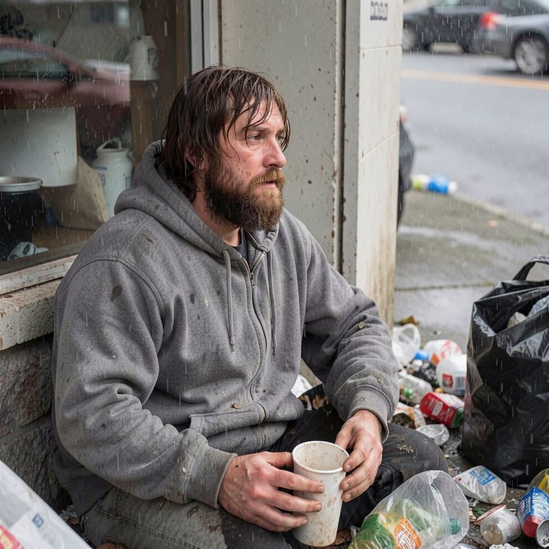 Disheveled unhoused bearded man sits on a rainy city sidewalk holding a worn paper cup