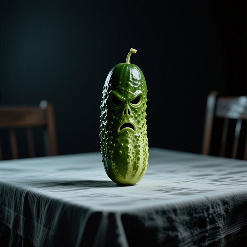 Menacing anthropomorphic angry pickle with a carved face stands on a dining table