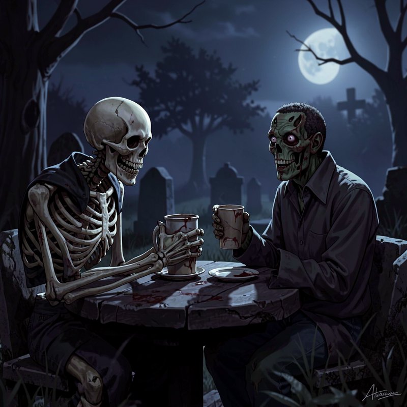 Skeleton and zombie holding stained mugs while sitting at a table in a moonlit graveyard