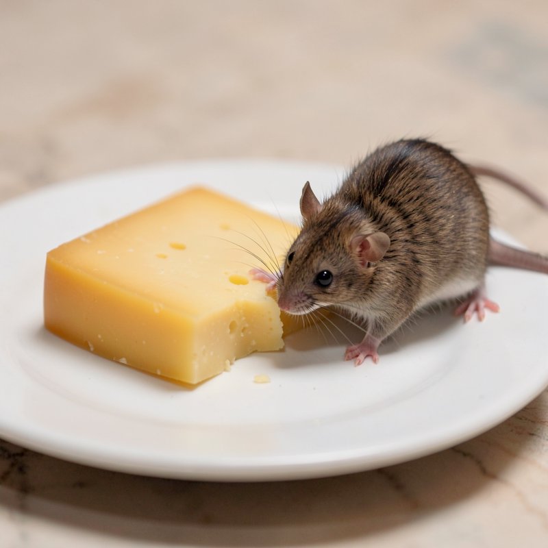 Small brown house mouse nibbling a block of holey cheese on a white ceramic plate