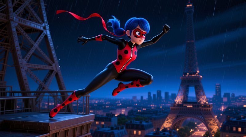 Miraculous Ladybug leaps from a rainy Paris rooftop with the Eiffel Tower in the background