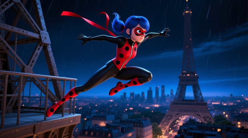 Miraculous Ladybug leaps from a rooftop overlooking the Eiffel Tower on a rainy Paris night