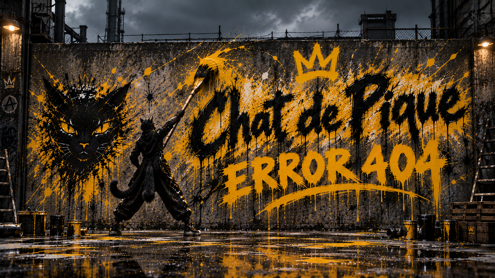 Anthropomorphic cat street artist painting bold black and yellow Error 404 graffiti on an industrial concrete wall