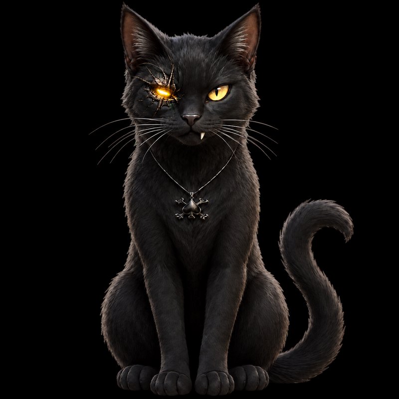 Sleek black cat with a glowing mechanical eye, spade pendant necklace, and small fang sitting aga...