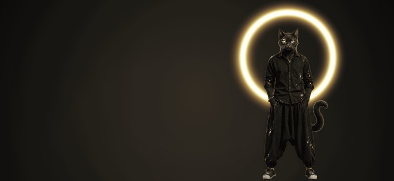 Anthropomorphic black cat in streetwear stands before a glowing golden circular halo.