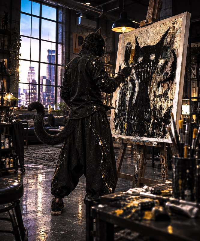 Anthropomorphic black cat artist painting a dark surreal canvas in a city loft at dusk