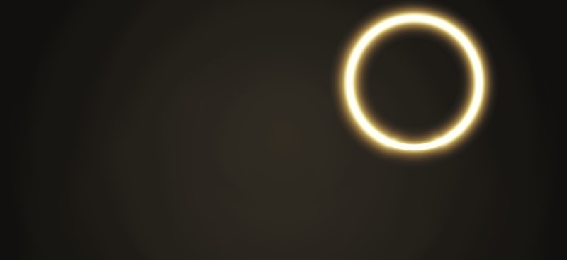 Glowing golden circular ring light rests in the upper right against a dark muted warm background