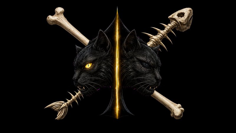 Dual-headed snarling black feline creature split by glowing golden line with crossed bone weapons...