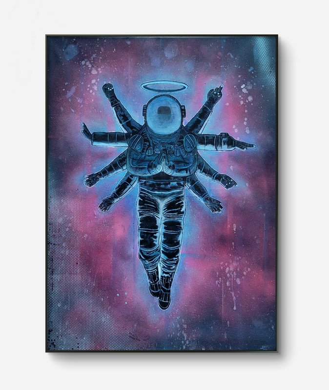 Surreal multi-armed astronaut with a glowing halo floats in a pink and blue cosmic nebula