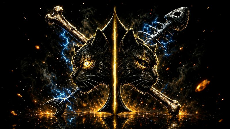 Symmetrical dark fantasy dual black cat crest with glowing gold details, crossed bone weapons and...
