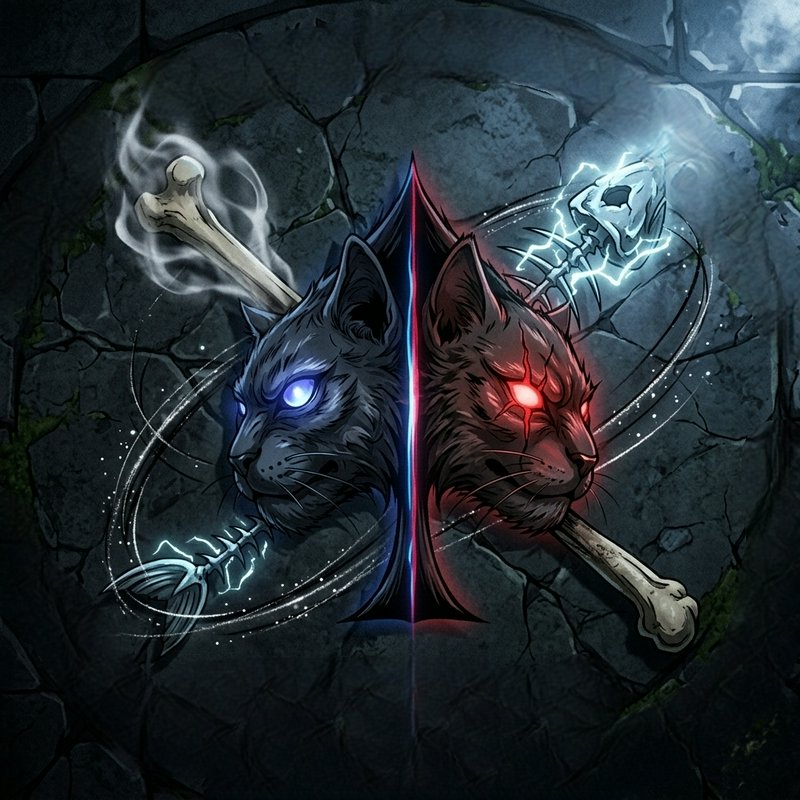 Split dual feline heads with glowing blue and red eyes, surrounded by bones and lightning fish sk...