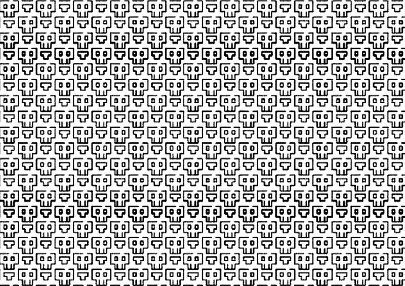 Seamless repeating grid of stylized geometric skulls rendered in black line art on a plain white ...