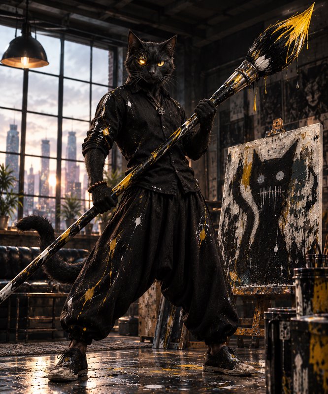 Anthropomorphic glowing-eyed black cat artist holds a giant paintbrush in a sunlit industrial loft studio
