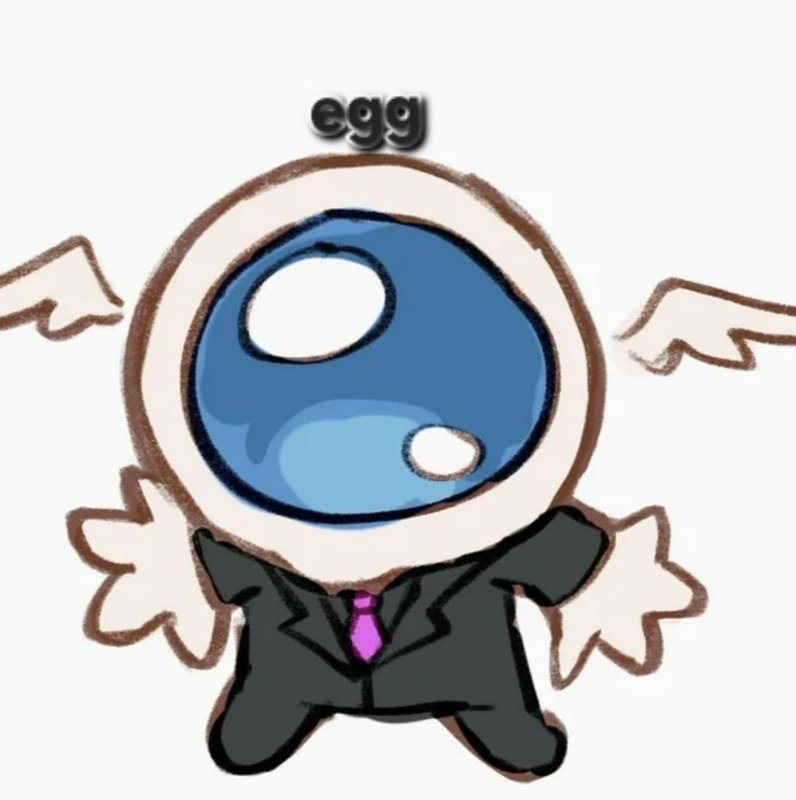 Cute chibi character in business suit with blue astronaut helmet, wings, and "egg" text floating ...