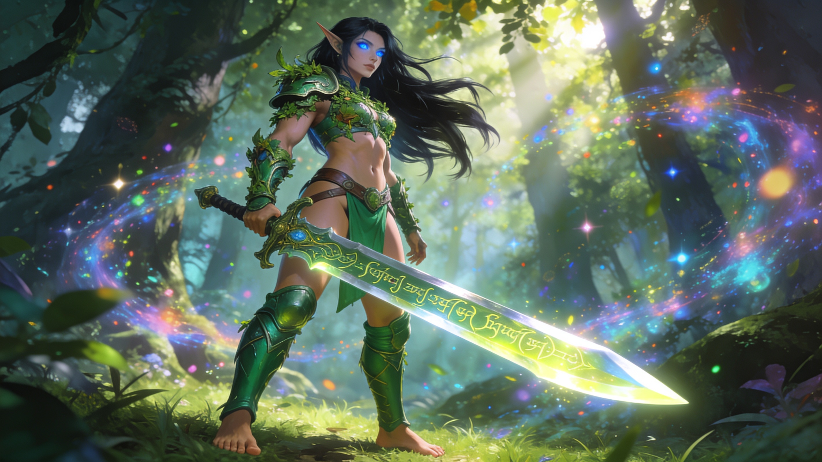 Female elf warrior in green nature armor holds a glowing rune sword standing in a sunlit enchanted magical forest.