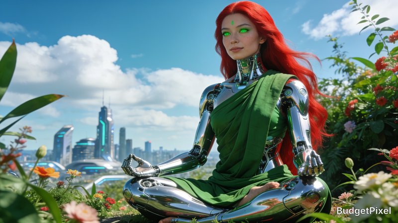 Chrome female cyborg with long red hair meditates in lotus position in a flower garden overlookin...