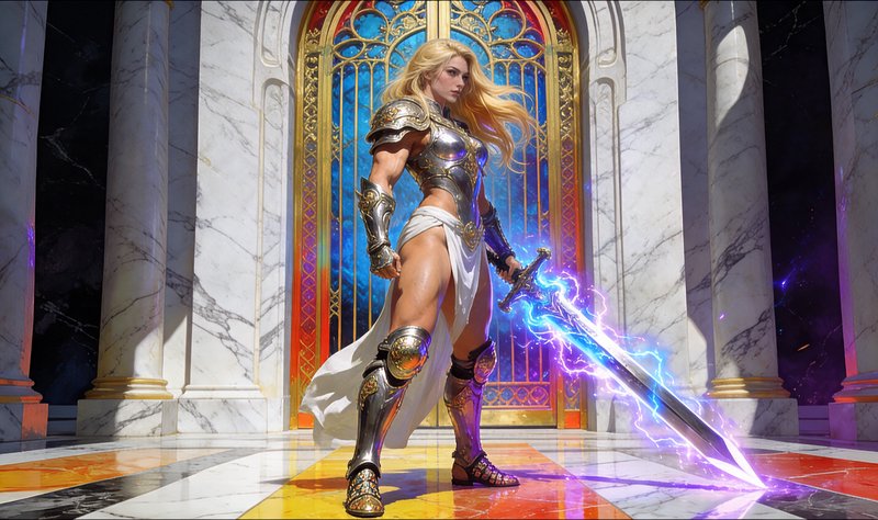Blonde fantasy warrior in ornate armor holds a glowing lightning enchanted sword standing in a gr...