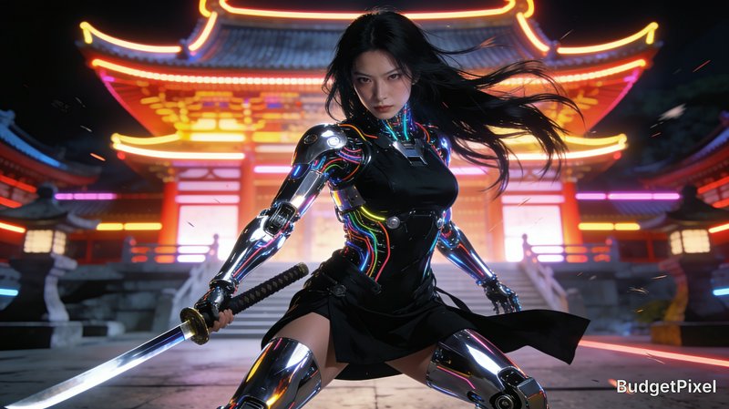 Fierce cyberpunk female cyborg samurai holds a katana in fighting stance before a neon-lit tradit...
