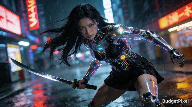 Cyberpunk cyborg samurai woman holds katana in battle stance on rainy neon Tokyo city street.