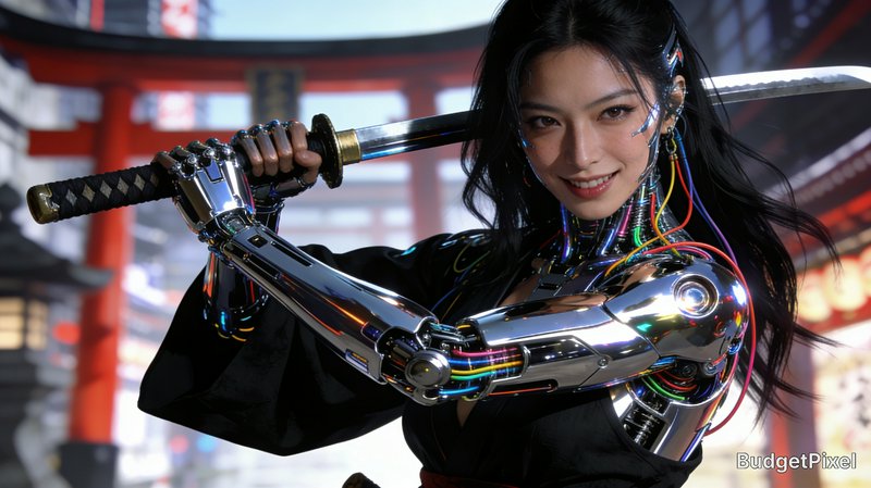 Cyberpunk cyborg female samurai with chrome robotic arms holds a katana, standing before a red Ja...