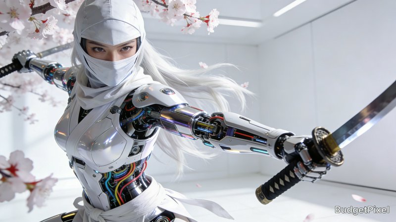 Futuristic cybernetic white female ninja holding dual katanas in combat stance, framed by pink ch...
