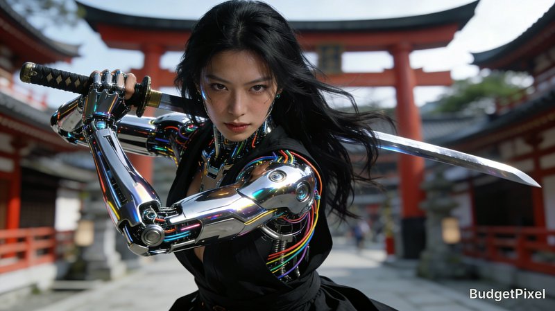 Cyberpunk female cyborg samurai with chrome robotic arms holds a drawn katana, posed before a red...