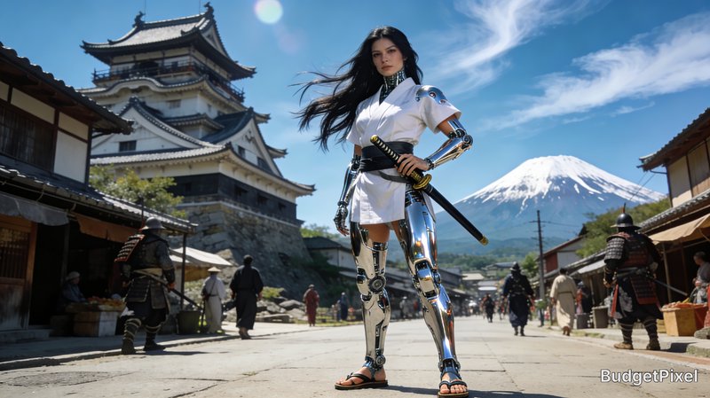 Cyborg female samurai with shiny chrome prosthetics holds a katana, standing in a feudal Japanese...