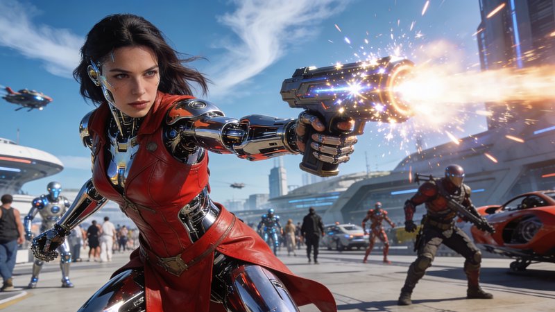 Fierce female cyborg with chrome robotic limbs fires a sparking futuristic energy gun in a sunlit...